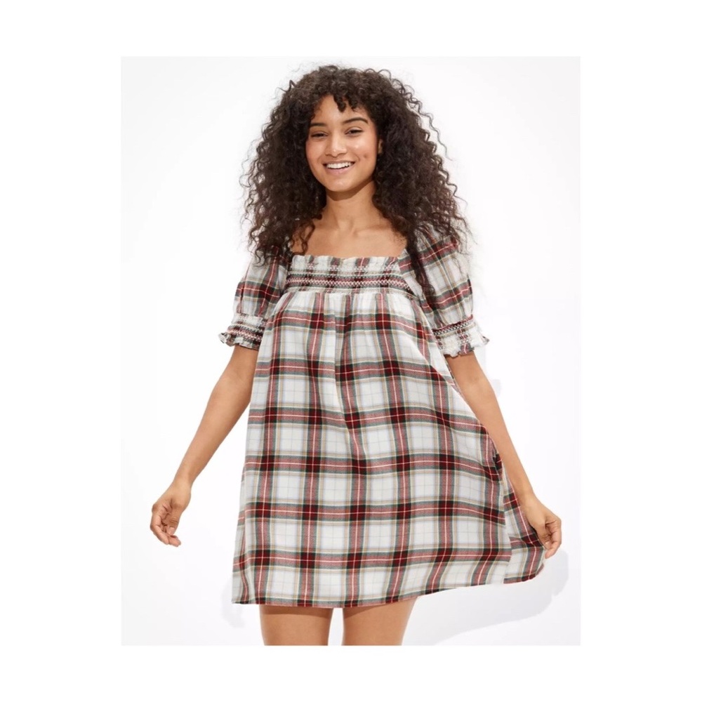 AE Plaid Smocked Puff-Sleeve Babydoll Dress
